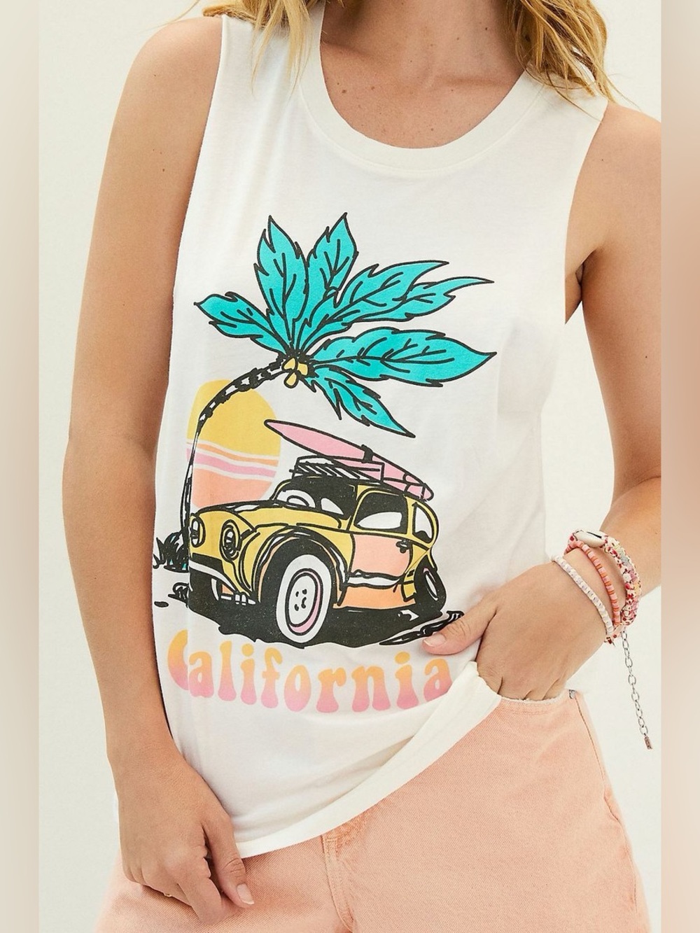Anthropologie LetLuv California Surf Palm Tree Retro Car Muscle Tank Top XS NWT